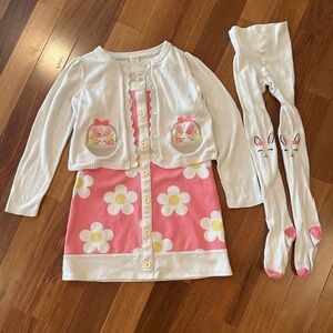Gymboree Sz 7 Pink Flower Easter Dress w/ White Bunny Sweater & Tights - GUC